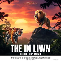 A cinematic poster for an epic film featuring a majestic tiger and a dramatic lion in a lush jungle setting