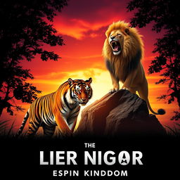 A cinematic poster for an epic film featuring a majestic tiger and a dramatic lion in a lush jungle setting