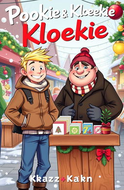 A vibrant and festive book cover featuring Pookie and Kloekie at a lively Christmas market