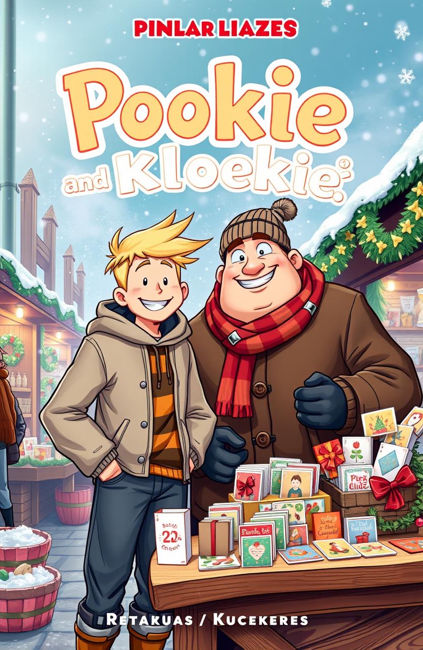 A vibrant and festive book cover featuring Pookie and Kloekie at a lively Christmas market