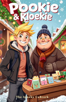 A vibrant and festive book cover featuring Pookie and Kloekie at a lively Christmas market
