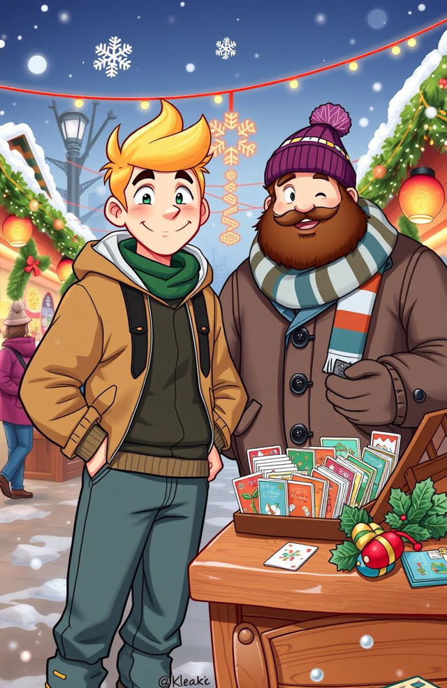 A vibrant and festive book cover featuring Pookie and Kloekie at a lively Christmas market