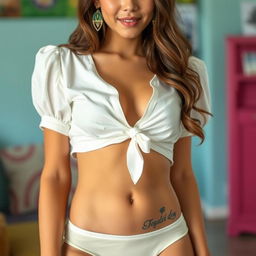A captivating young woman dressed in a short, light white blouse that subtly reveals her form, complementing her figure