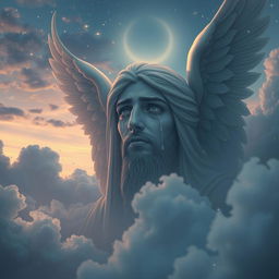 A surreal and emotional scene depicting the Angel of Death, known as Malak al-Mawt, in a moment of sorrow