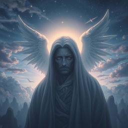 A surreal and emotional scene depicting the Angel of Death, known as Malak al-Mawt, in a moment of sorrow