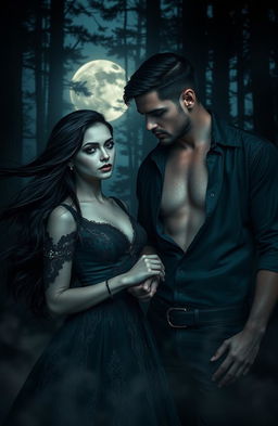 A captivating scene of dark romance set in a moonlit forest, featuring an enigmatic couple