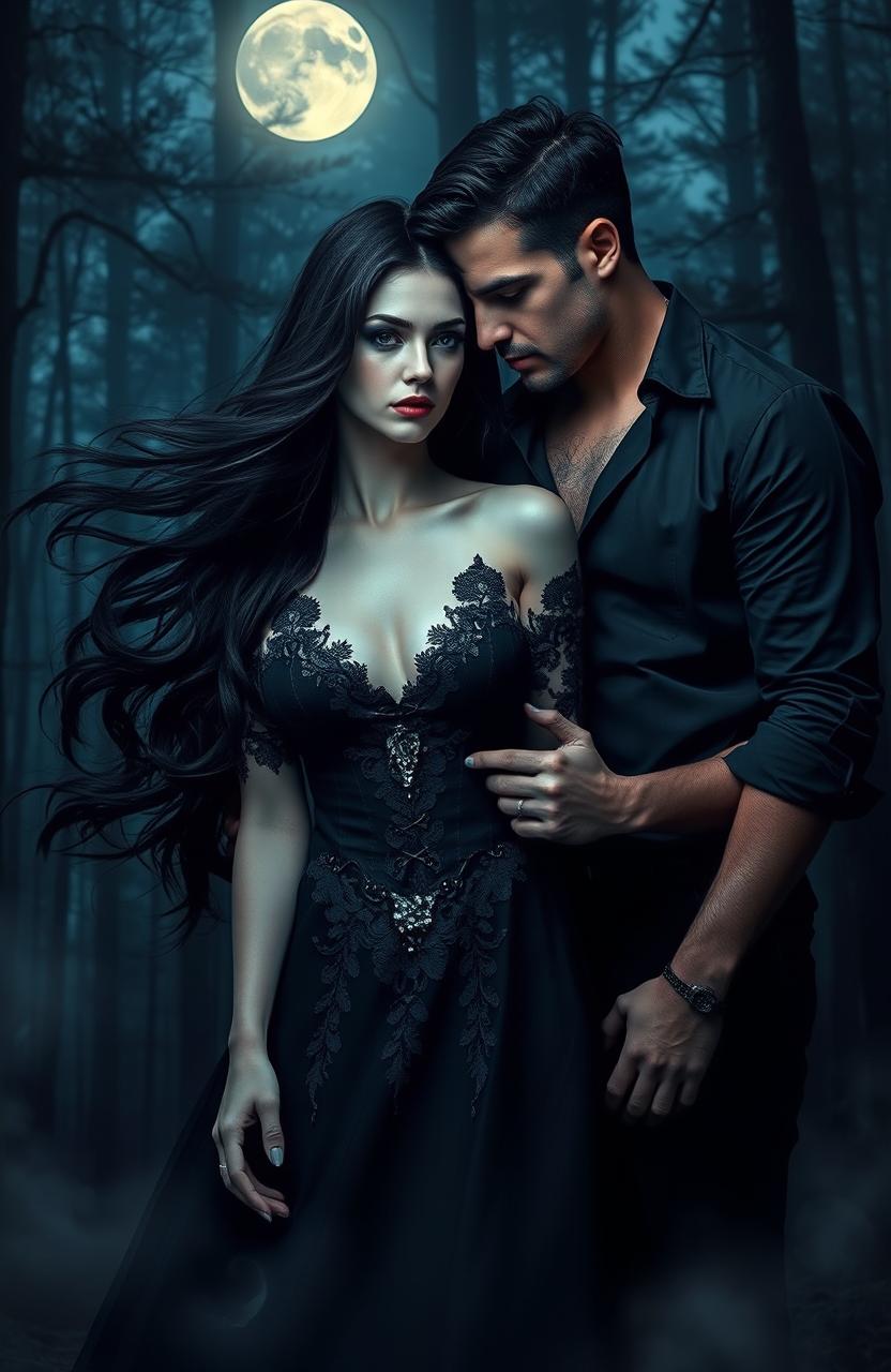 A captivating scene of dark romance set in a moonlit forest, featuring an enigmatic couple