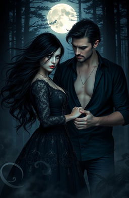 A captivating scene of dark romance set in a moonlit forest, featuring an enigmatic couple
