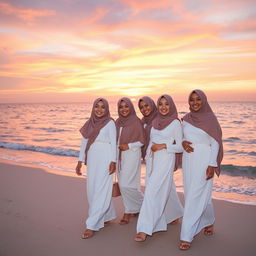 Beautiful women wearing elegant white clothing and flowing hijabs, walking along a serene beach at sunset