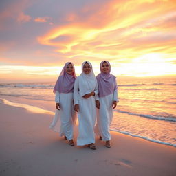 Beautiful women wearing elegant white clothing and flowing hijabs, walking along a serene beach at sunset