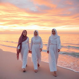 Beautiful women wearing elegant white clothing and flowing hijabs, walking along a serene beach at sunset