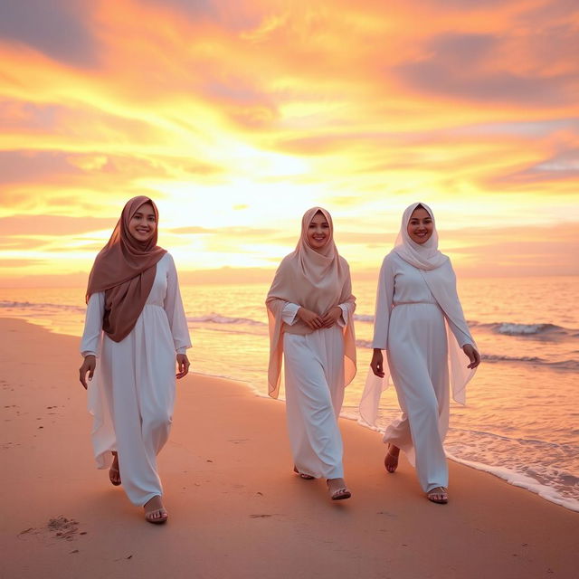 Beautiful women wearing elegant white clothing and flowing hijabs, walking along a serene beach at sunset