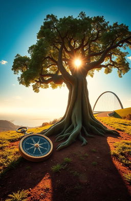 A beautiful landscape featuring a majestic tree with deep roots, symbolizing growth, strength, and stability at the center
