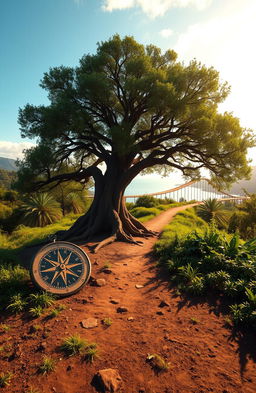 A beautiful landscape featuring a majestic tree with deep roots, symbolizing growth, strength, and stability at the center