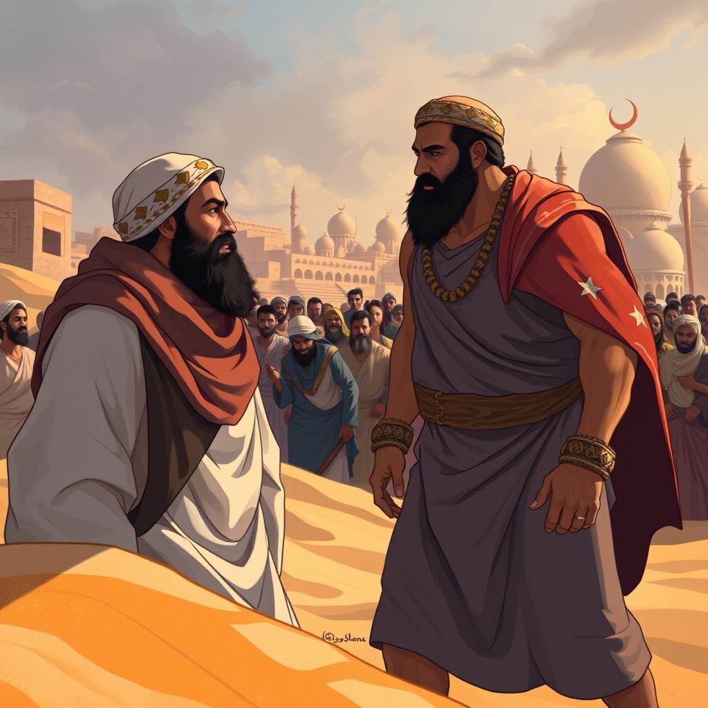 A compelling illustration of the historical and revered encounter between the Prophet Muhammad ﷺ and the strongest man of Quraysh, capturing the essence of strength, determination, and respect