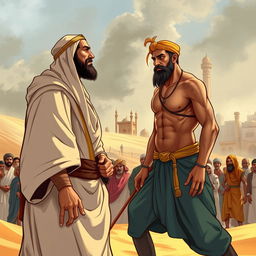 A compelling illustration of the historical and revered encounter between the Prophet Muhammad ﷺ and the strongest man of Quraysh, capturing the essence of strength, determination, and respect