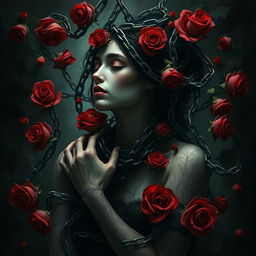 A surreal and artistic representation of twisted devotion, depicting an abstract figure entwined in chains and roses, symbolizing love and bondage