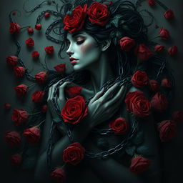 A surreal and artistic representation of twisted devotion, depicting an abstract figure entwined in chains and roses, symbolizing love and bondage