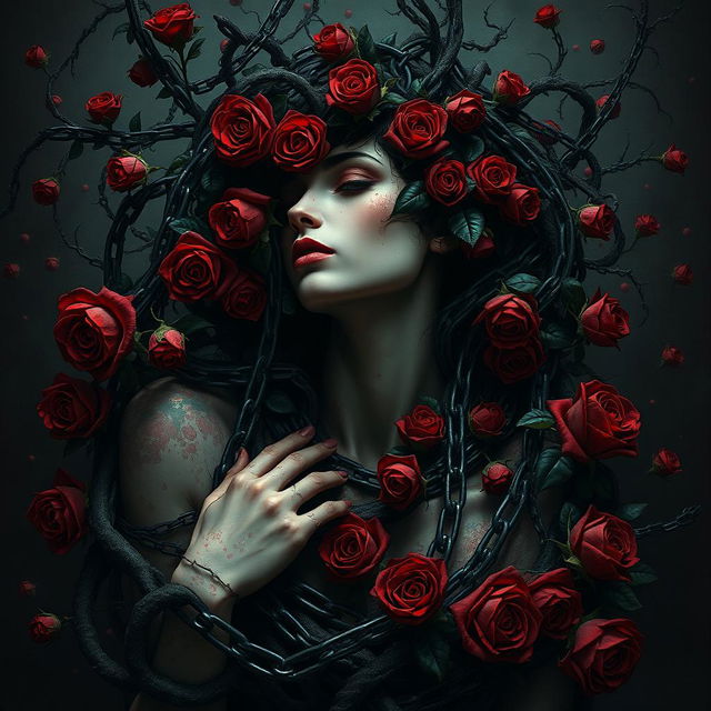 A surreal and artistic representation of twisted devotion, depicting an abstract figure entwined in chains and roses, symbolizing love and bondage