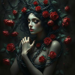 A surreal and artistic representation of twisted devotion, depicting an abstract figure entwined in chains and roses, symbolizing love and bondage