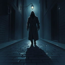 A dark and atmospheric illustration depicting a stalker lurking in the shadows of a dimly lit alley, with only a faint glow from a street lamp illuminating the figure