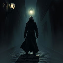 A dark and atmospheric illustration depicting a stalker lurking in the shadows of a dimly lit alley, with only a faint glow from a street lamp illuminating the figure