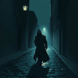 A dark and atmospheric illustration depicting a stalker lurking in the shadows of a dimly lit alley, with only a faint glow from a street lamp illuminating the figure