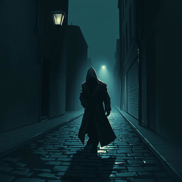 A dark and atmospheric illustration depicting a stalker lurking in the shadows of a dimly lit alley, with only a faint glow from a street lamp illuminating the figure