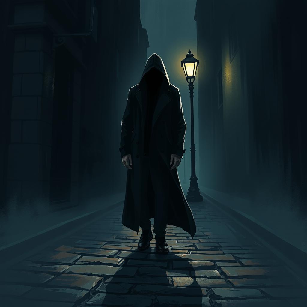 A dark and atmospheric illustration depicting a stalker lurking in the shadows of a dimly lit alley, with only a faint glow from a street lamp illuminating the figure