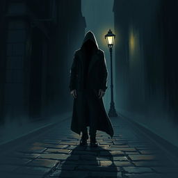 A dark and atmospheric illustration depicting a stalker lurking in the shadows of a dimly lit alley, with only a faint glow from a street lamp illuminating the figure
