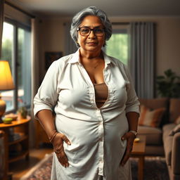 A realistic depiction of a 60-year-old dusky Indian housewife with a plus-size, pear-shaped body
