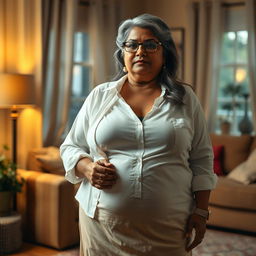 A realistic depiction of a 60-year-old dusky Indian housewife with a plus-size, pear-shaped body