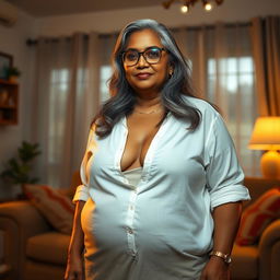 A realistic depiction of a 60-year-old dusky Indian housewife with a plus-size, pear-shaped body