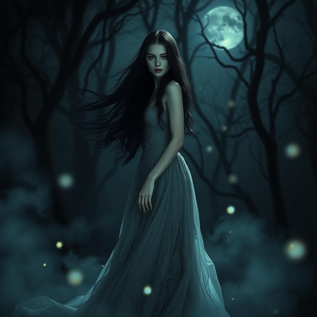 A dark, atmospheric scene capturing a haunting, ethereal woman named Adeline