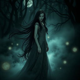 A dark, atmospheric scene capturing a haunting, ethereal woman named Adeline
