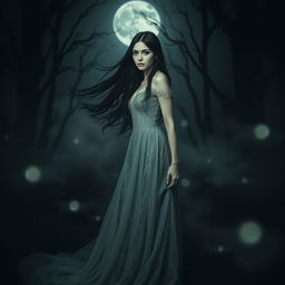 A dark, atmospheric scene capturing a haunting, ethereal woman named Adeline