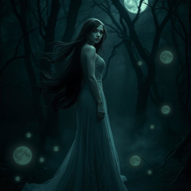 A dark, atmospheric scene capturing a haunting, ethereal woman named Adeline