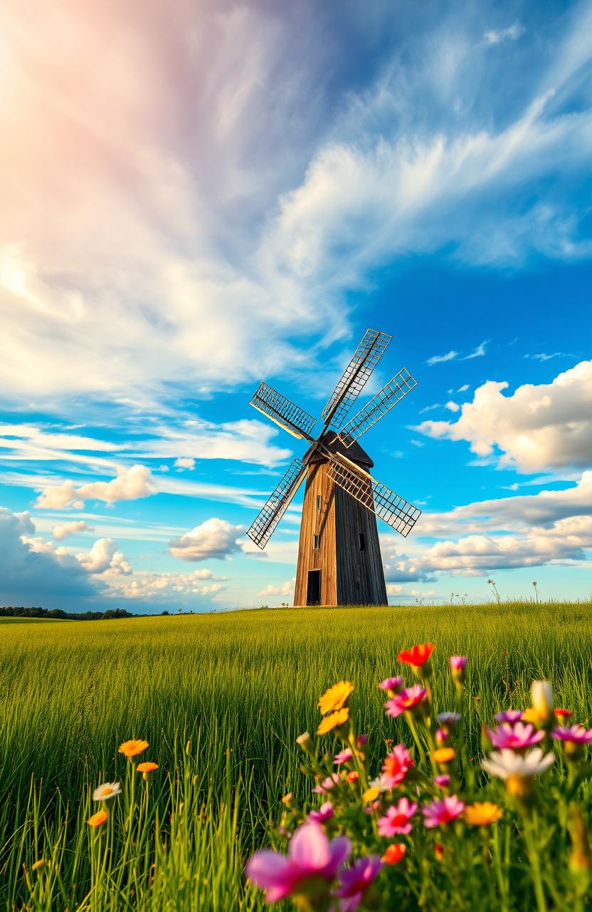 A serene landscape featuring a classic windmill standing gracefully in a lush green field under a beautiful sky