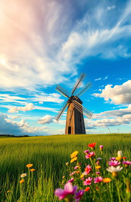 A serene landscape featuring a classic windmill standing gracefully in a lush green field under a beautiful sky