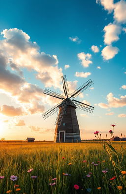 A serene landscape featuring a classic windmill standing gracefully in a lush green field under a beautiful sky