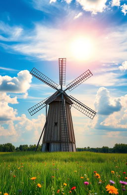 A serene landscape featuring a classic windmill standing gracefully in a lush green field under a beautiful sky