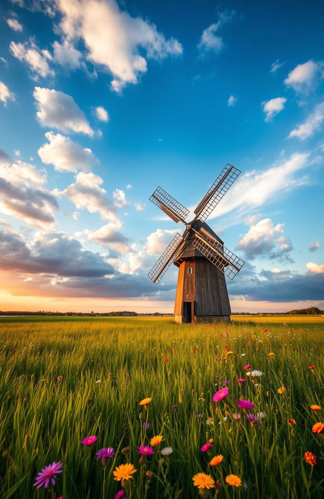 A serene landscape featuring a classic windmill standing gracefully in a lush green field under a beautiful sky