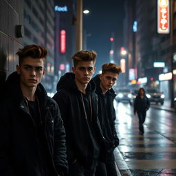 A cinematic scene depicting a group of three handsome young men with stylish haircuts and sharp features, casually leaning against a wall in an urban setting