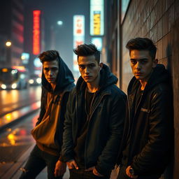 A cinematic scene depicting a group of three handsome young men with stylish haircuts and sharp features, casually leaning against a wall in an urban setting