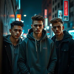 A cinematic scene depicting a group of three handsome young men with stylish haircuts and sharp features, casually leaning against a wall in an urban setting