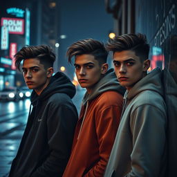 A cinematic scene depicting a group of three handsome young men with stylish haircuts and sharp features, casually leaning against a wall in an urban setting