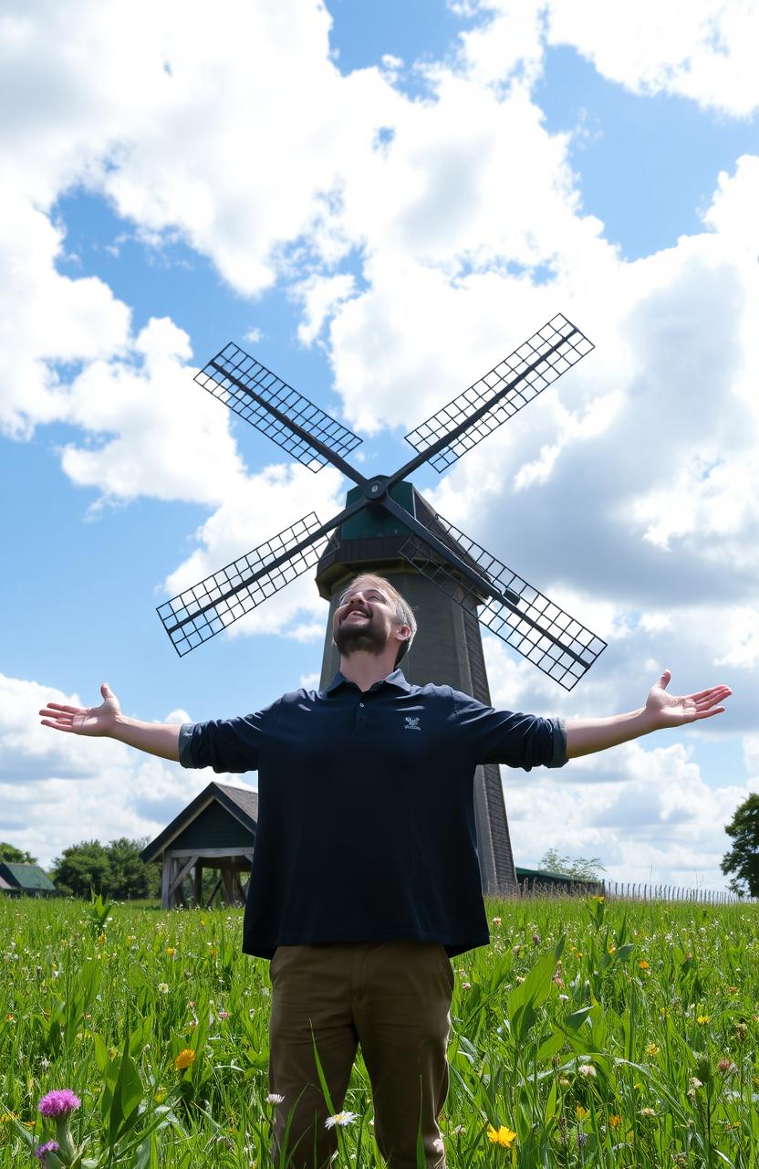 A man standing in a lush green field with open arms, gazing towards a large, picturesque windmill against a backdrop of a vibrant, blue sky filled with fluffy white clouds