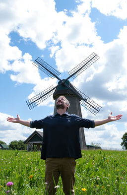 A man standing in a lush green field with open arms, gazing towards a large, picturesque windmill against a backdrop of a vibrant, blue sky filled with fluffy white clouds