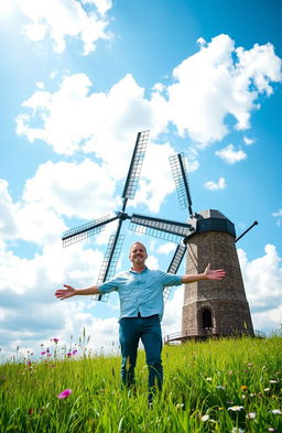 A man standing in a lush green field with open arms, gazing towards a large, picturesque windmill against a backdrop of a vibrant, blue sky filled with fluffy white clouds