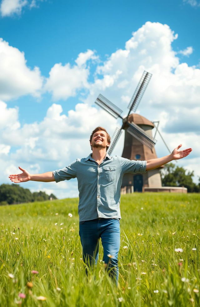 A man standing in a lush green field with open arms, gazing towards a large, picturesque windmill against a backdrop of a vibrant, blue sky filled with fluffy white clouds